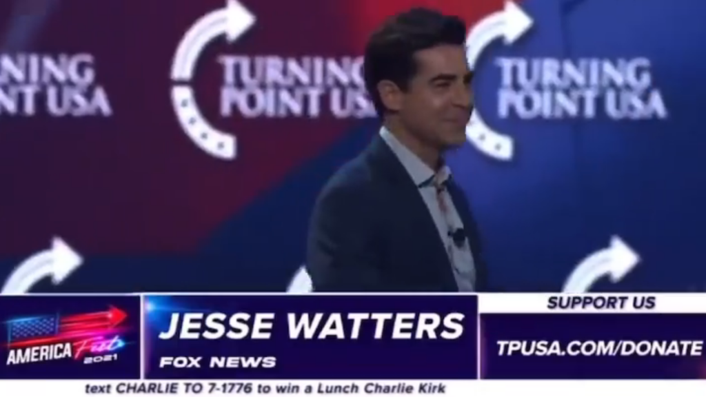 Fox News entertainer Jesse Watters calls for the assassination of Dr. Anthony Fauci at Turning Point USA’s AmericaFest conference on 20 December 2021. Watters encouraged his supporters to ‘ambush’ the infectious-disease expert with a ‘kill shot’. Fox News defended the comments. Photo: Ron Filipkowski / Twitter