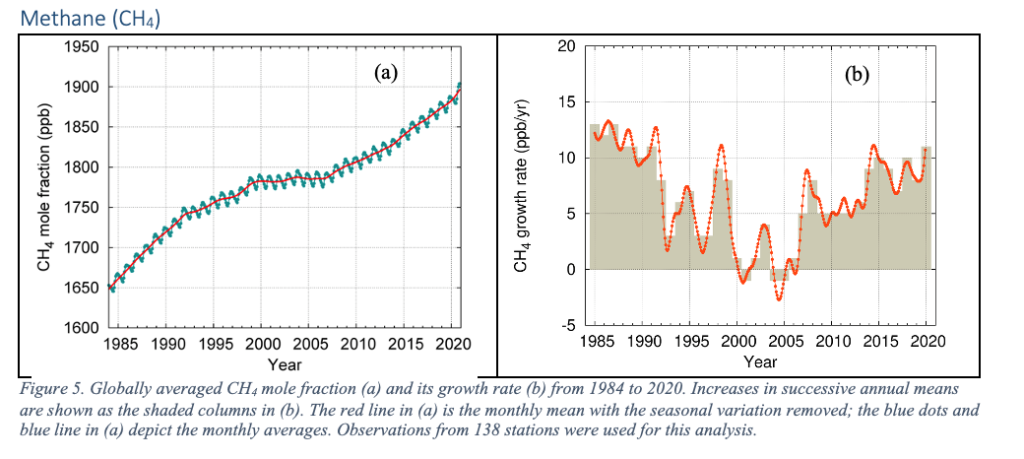 Globally averaged atmospheric CH4 mole fraction (left) and growth rate (right), 1984-2020. The increase from 2019 to 2020 was higher than 2018 to 2019 and also higher than the average annual growth rate over the last decade. Graphic: WMO