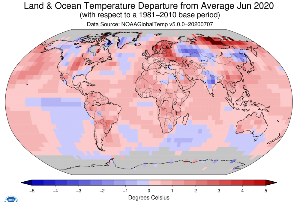 Map showing global land and ocean surface temperature anomaly for June 2020. On 14 December 2021, WMO announced verification of the highest temperature ever recorded in the Arctic, 38C (100F). The high temperatures across Siberia led to massive sea ice loss and played a major role in 2020 being one of the three warmest years on record, the WMO said. Averaged as a whole, the global land and ocean surface temperature for June 2020 was 0.92°C (1.66°F) above the 20th century average of 15.5°C (59.9°F), tying with 2015 as the third highest June temperature departure from average in the 141-year record. June 2020 marked the 44th consecutive June and the 426th consecutive month with temperatures, at least nominally, above the 20th century average. Nine of the 10 warmest Junes have occurred since 2010; the seven warmest Junes have occurred in the last seven years (2014–2020). Graphic: NCEI