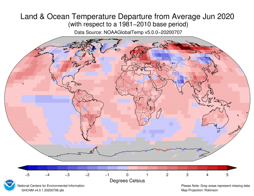 Map showing global land and ocean surface temperature anomaly for June 2020. On 14 December 2021, WMO announced verification of the highest temperature ever recorded in the Arctic, 38C (100F). The high temperatures across Siberia led to massive sea ice loss and played a major role in 2020 being one of the three warmest years on record, the WMO said. Averaged as a whole, the global land and ocean surface temperature for June 2020 was 0.92°C (1.66°F) above the 20th century average of 15.5°C (59.9°F), tying with 2015 as the third highest June temperature departure from average in the 141-year record. June 2020 marked the 44th consecutive June and the 426th consecutive month with temperatures, at least nominally, above the 20th century average. Nine of the 10 warmest Junes have occurred since 2010; the seven warmest Junes have occurred in the last seven years (2014–2020).Graphic: NCEI