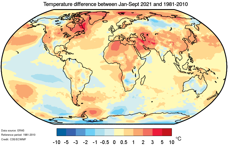 Map showing the near-surface air temperature differences from the 1981-2010 average for January to September 2021. Data are from the ERA5 reanalysis product. Graphic: C3S / ECMWF