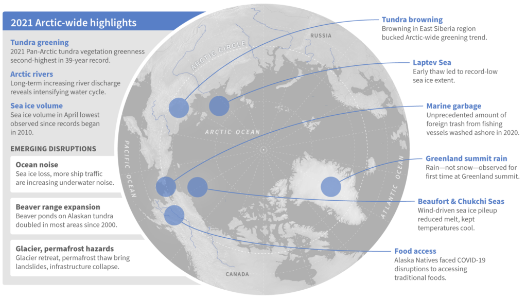 Map showing a sample of notable events and emerging disruptions from across the Arctic in 2021. Graphic: Climate.gov