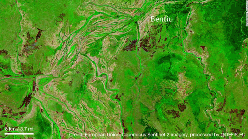Satellite view of South Sudan in November 2020 and after historic floods in November 2021. Photo: European Union Copernicus Sentinel-2