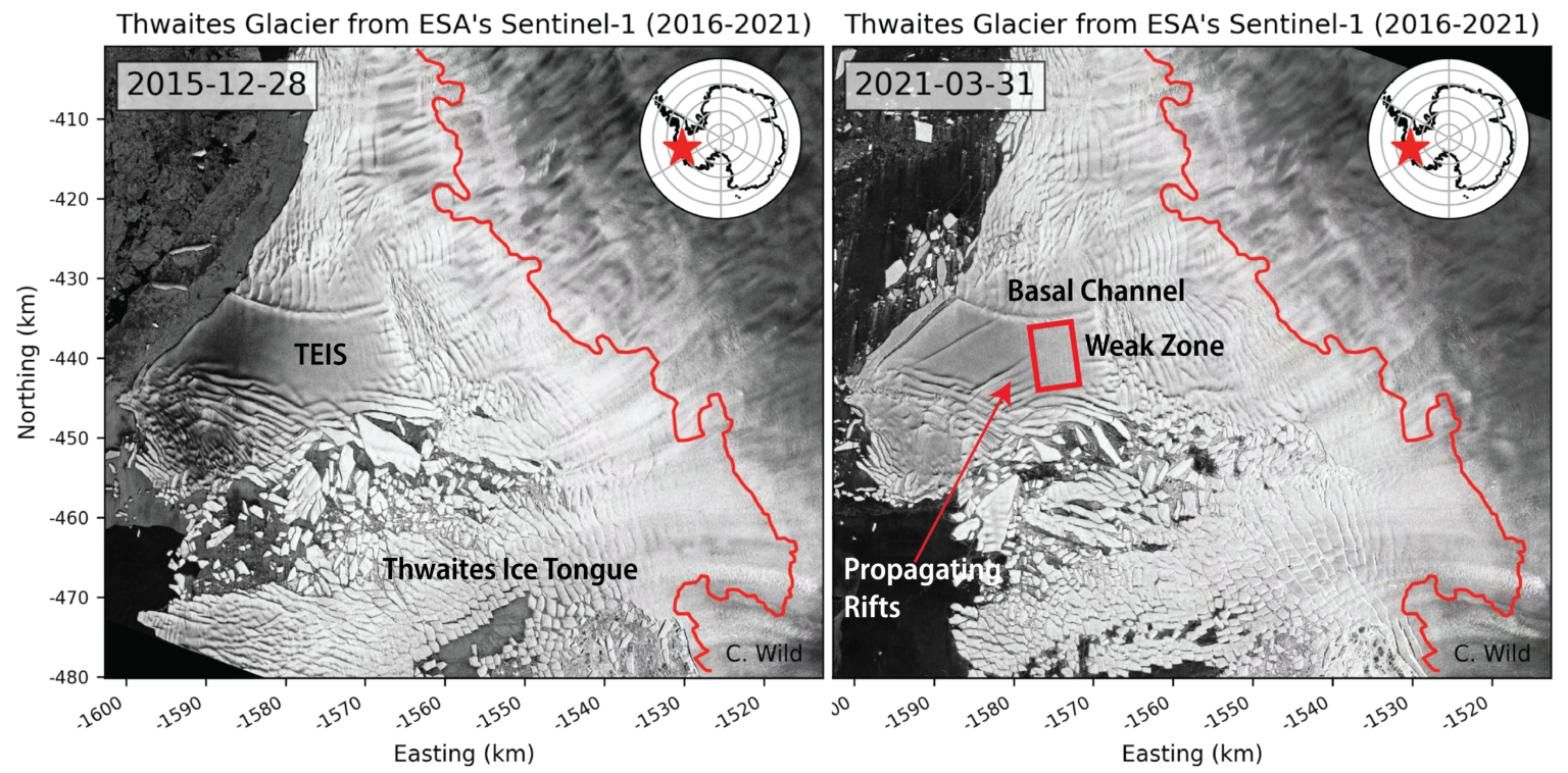 SatelliteviewofThwaitesGlacierinAntarctica28Dec2015and31Mar