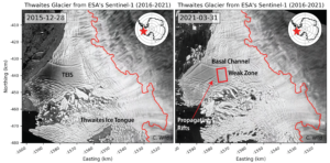 Satellite view of Antarctica’s Thwaites Glacier on 28 December 2015 (left) and 31 March 2021 (right). On 13 December 2021, Ice scientists at the American Geophysical Union (AGU) meeting in New Orleans warned that great cracks and fissures had opened up both on top of and underneath the Thwaites glacier, one of the biggest in the world, and it may fracture and collapse, possibly within five years. Photo: ESA Sentinel-1