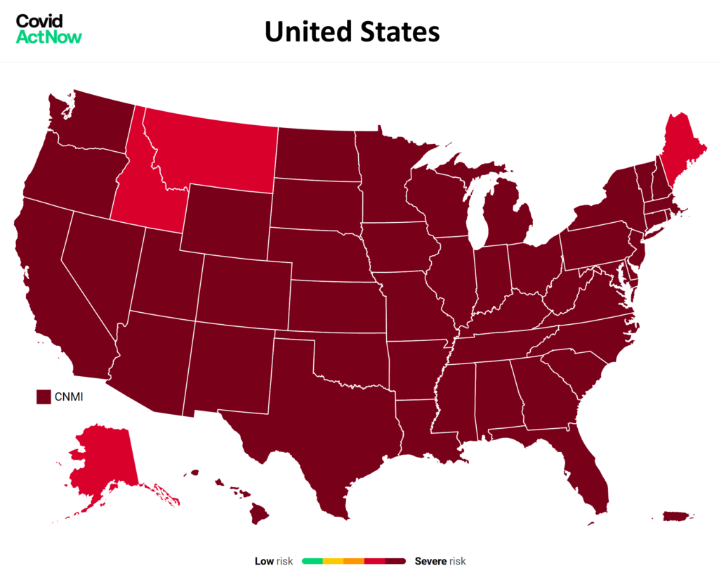 Map showing the risk of COVID-19 infection in the United States, 11 January 2022. All but four states are in the “severe risk” category. Graphic: Covid Act Now