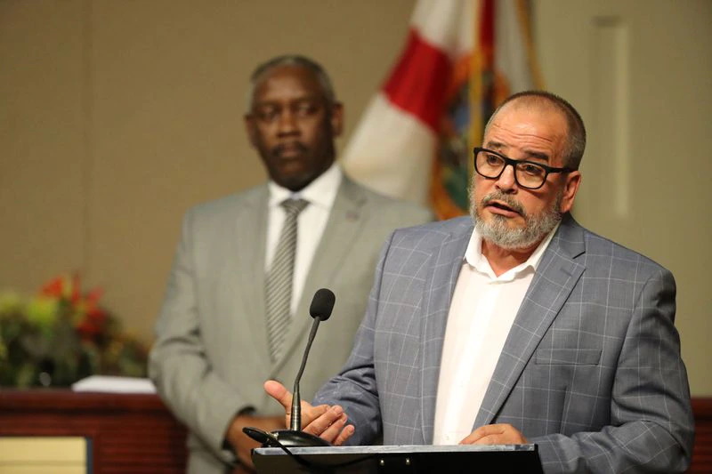 Florida Department of Health in Orange County director Dr. Raul Pino speaks during the press conference that Orange County Mayor Jerry Demings help on 13 April 2020 to discuss COVID-19 and County updates. On 19 January 2022, the administration of Gov. Ron DeSantis put Dr. Pino on leave and threatened criminal prosecution for encouraging his staff to get vaccinated. Photo: Ricardo Ramirez Buxeda / Orlando Sentinel
