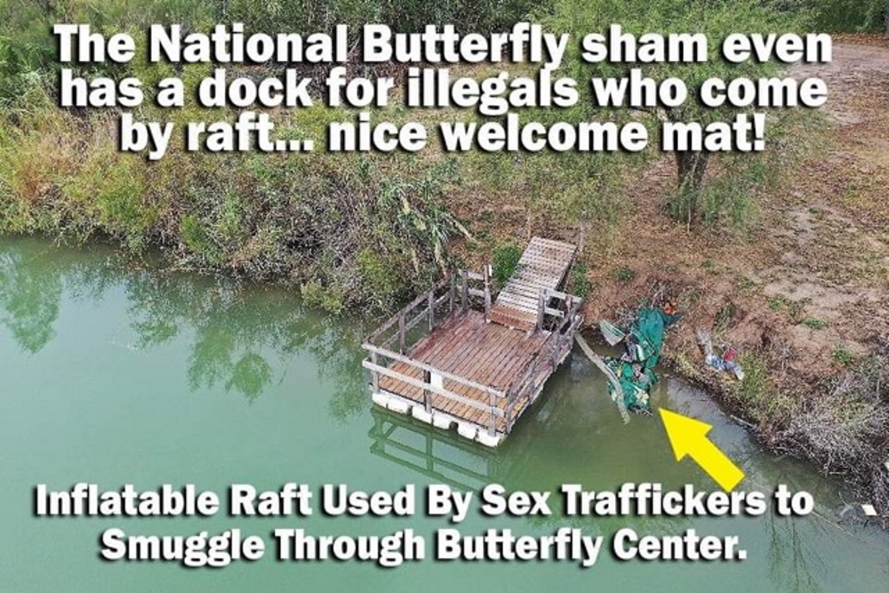 Fake photo of rafts at the National Butterfly Center dock in Mission, Texas, composed and disseminated by Brian Kolfage as part of a QAnon/MAGA disinformation campaign. Kolfage was indicted in 2021 for fraud for his “We Build The Wall” fundraising scheme and had his Twitter account suspended for repeated violent threats. The National Butterfly Center was forced to close for the weekend of 28 January 2022 because of credible threats from QAnon/MAGA conspiracy theorists. Photo: National Butterfly Center