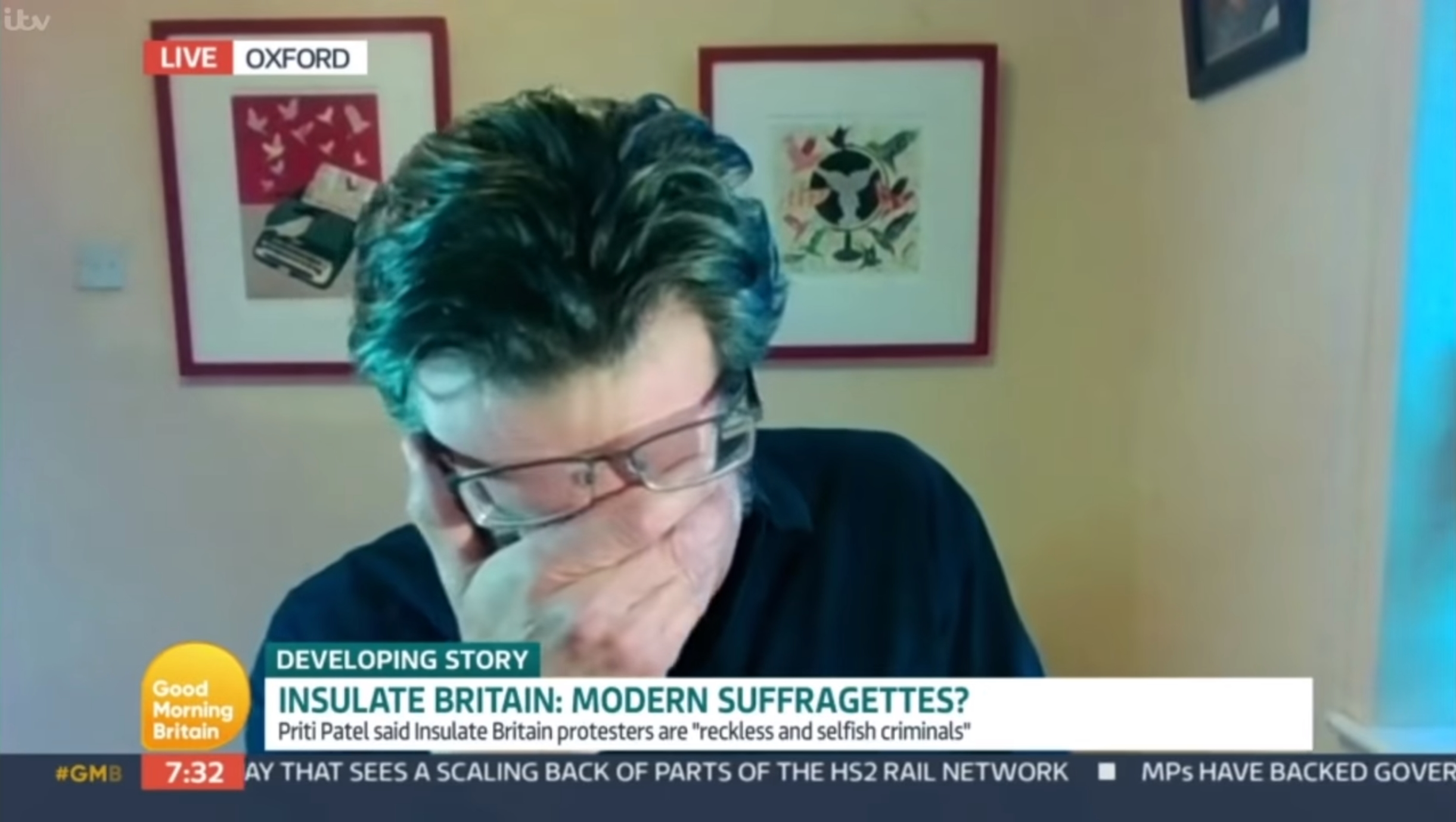 Journalist George Monbiot weeps over the enormity of the climate crisis during an interview on “Good Morning Britain”, 18 November 2021. In a column on 4 January 2022, he wrote, “I tried, for the thousandth time, to explain what we are facing, and suddenly couldn’t hold it in any longer.” Photo: ITV / Insulate Britain / YouTube