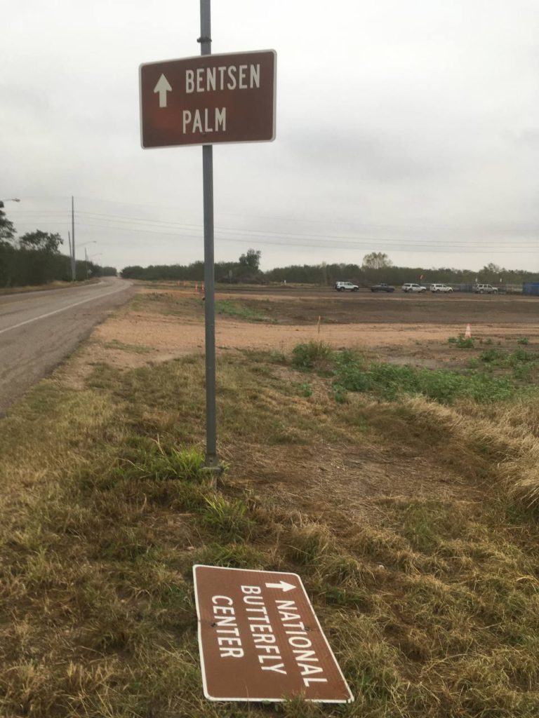 A highway sign for the National Butterfly Center in Mission, Texas, erected by the Texas Department of Transportation was pulled down on 28 January 2022 by QAnon and MAGA conspiracy theorists, who believe without justification the center is used for sex trafficking children. Photo: National Butterfly Center