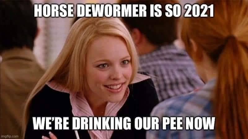 Meme text reads “Horse dewormer is so 2021. We’re drinking our pee now.” Screenshot from “Mean Girls”, 2004. Photo: M.G. Films / Paramount Pictures