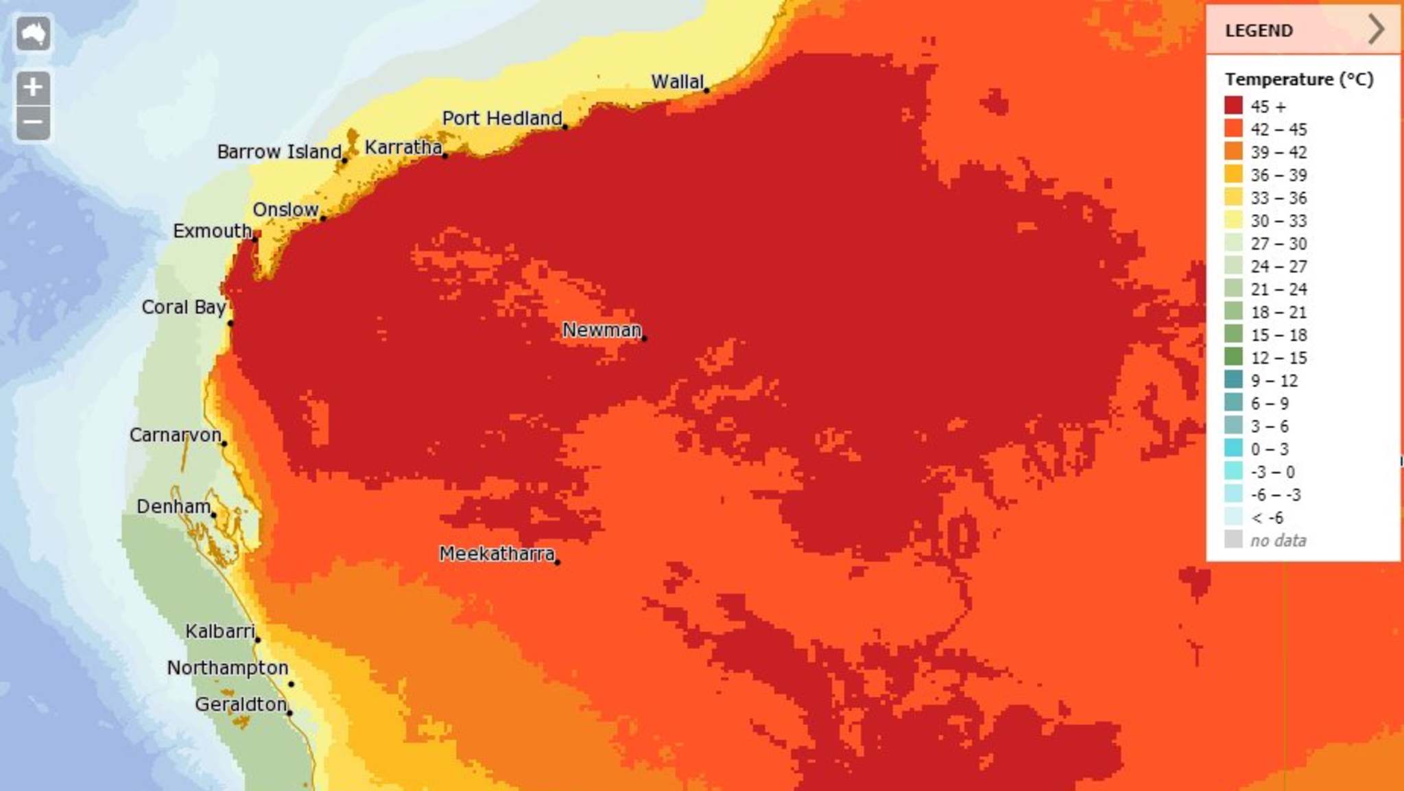 Map showing the extent of the heatwave in Western Australia on 13 January 2022, with large areas seeing temperatures of more than 45°C (113°F). A small town in Western Australia’s Pilbara endured the hottest temperature recorded in Australia in 62 years, with the mercury soaring toward 50 degrees across most of the region. In Onslow it hit 50.7 degrees at 2.26pm, the hottest day in Australia history since 1960, when temperatures in Oodnadatta Airport in South Australia also hit 50.7. Graphic: Bureau of Meteorology MetEye
