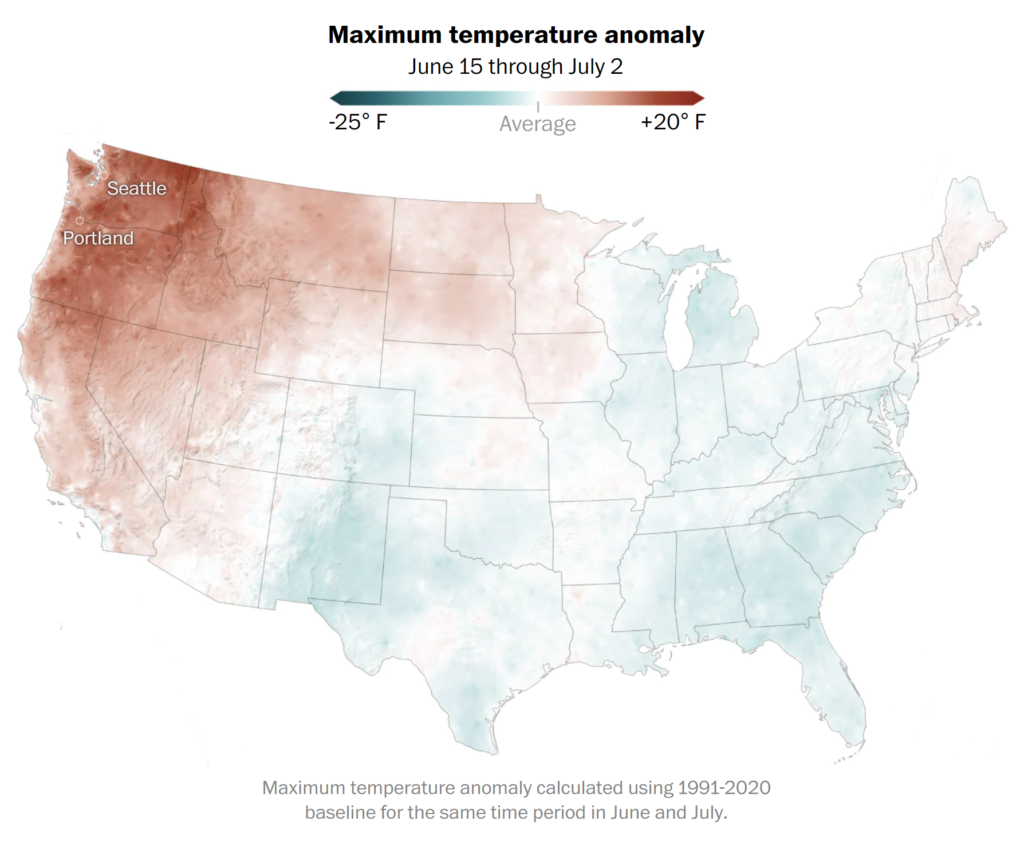 Maximum surface temperature anomaly in the U.S., 15 June 2021 - 2 July 2021 during the record heatwave. Maximum temperature anomaly calculated using 1991-2020 baseline for the same time period in June and July. Graphic: The Washington Post