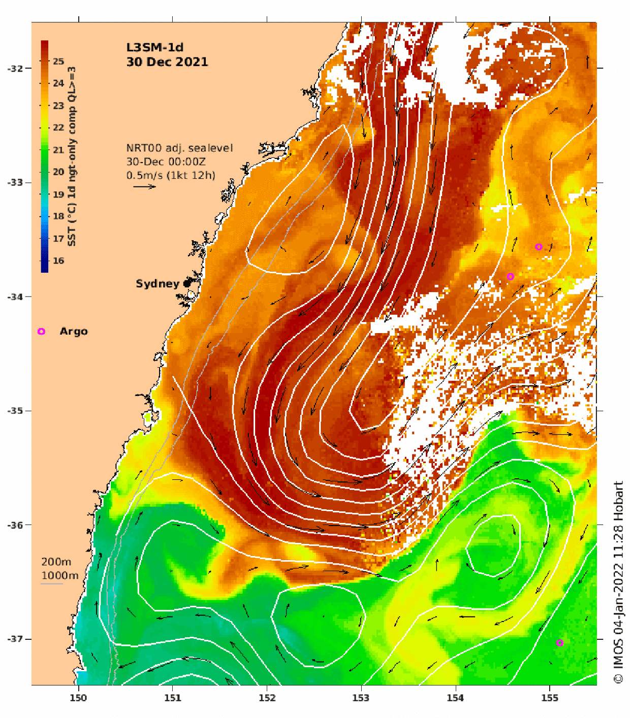 An ocean heatwave is shown in this map off the coast of New South Wales, Australia, 30 December 2021. Graphic: OceanCurrent