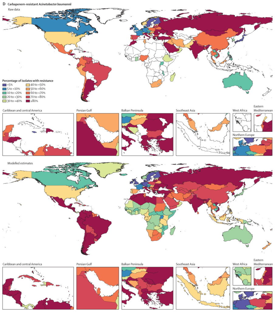 Raw data and modelled estimates for the percentage of pathogen isolates that are resistant by country and territory, 2019. Meticillin-resistant Staphylococcus aureus (A), isoniazid and rifampicin co-resistant (excluding XDR) Mycobacterium tuberculosis (B), third-generation cephalosporin-resistant Escherichia coli (C), carbapenem-resistant Acinetobacter baumannii (D), fluoroquinolone-resistant E coli (E), carbapenem-resistant Klebsiella pneumoniae (F), and third-generation cephalosporin-resistant K pneumoniae (G). Locations with no data or modelled estimates are presented in white. XDR=extensively drug resistant. Graphic: Murray, et al., 2022 / The Lancet