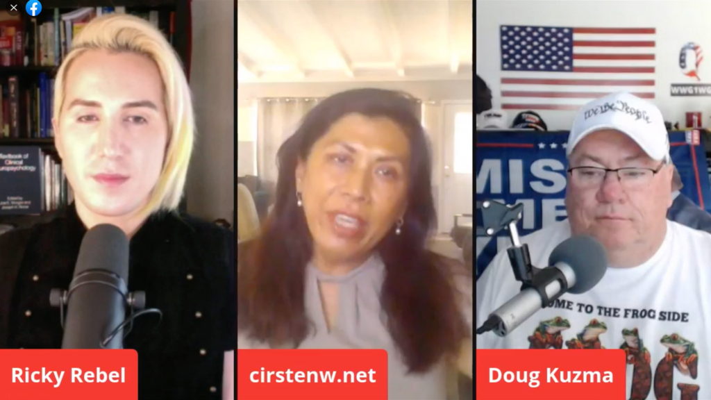 Qtubers Ricky Rebel (left), Cirsten Tien Soong Weldon (center), and Doug Kuzma (right) appear together in a webcast. Weldon and Kuzma were anti-vaccine QAnon conspiracy believers, and both succumbed to COVID-19 in 2021. After Weldon’s death from the infectious disease, Rebel speculated that she was murdered. Photo: Sorry Antivaxxer