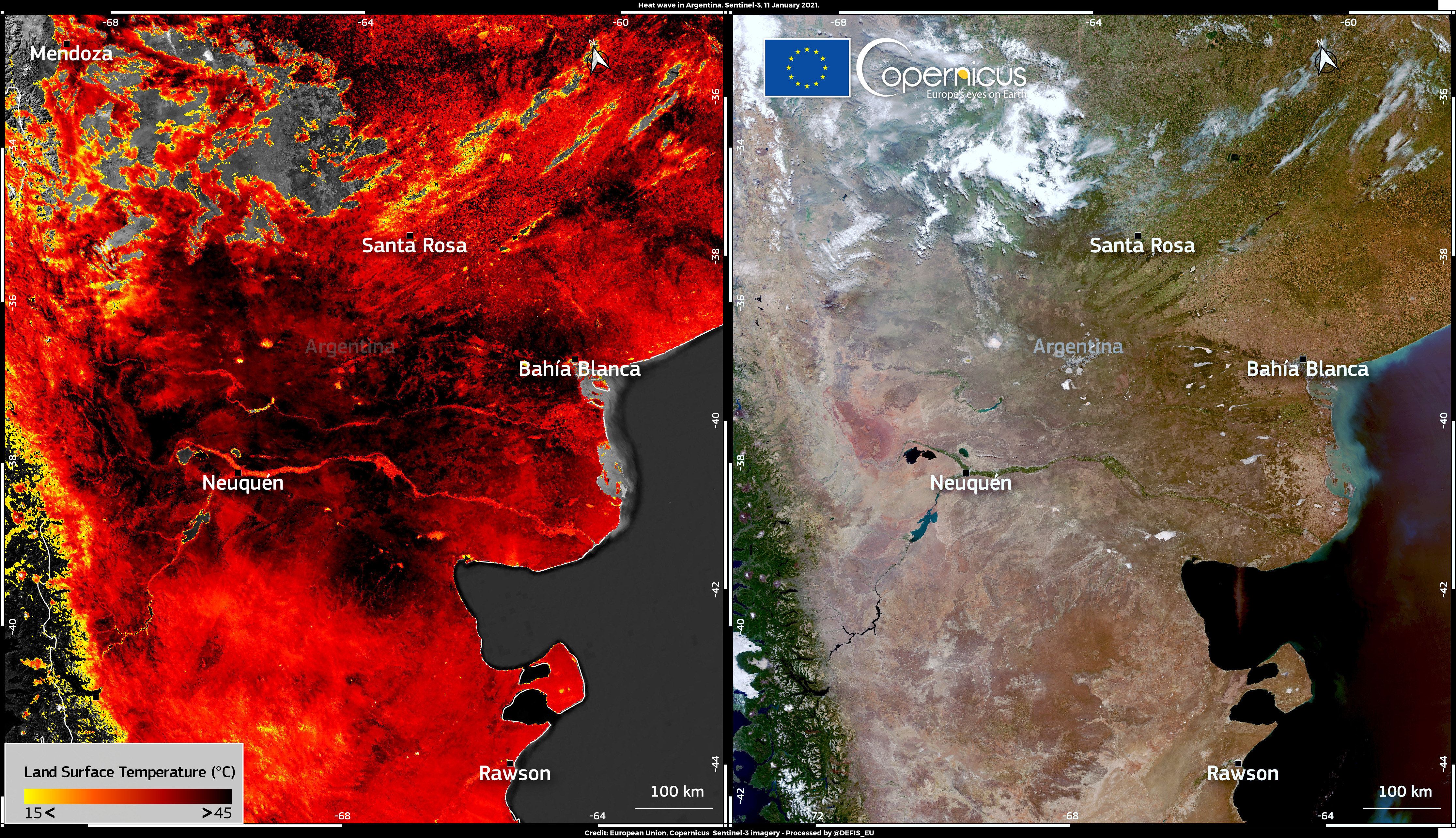 Satellite view with heat map showing temperatures rising to 45C (113F) in Argentina on 11 January 2022. At the start of 2022, Argentina faced a historic heatwave with temperatures soaring above 40°C. On the day this image was acquired, Buenos Aires recorded a temperature of 41.1°C, the second highest in the history of the Argentine capital. Photo: European Union, Copernicus Sentinel-3A imagery