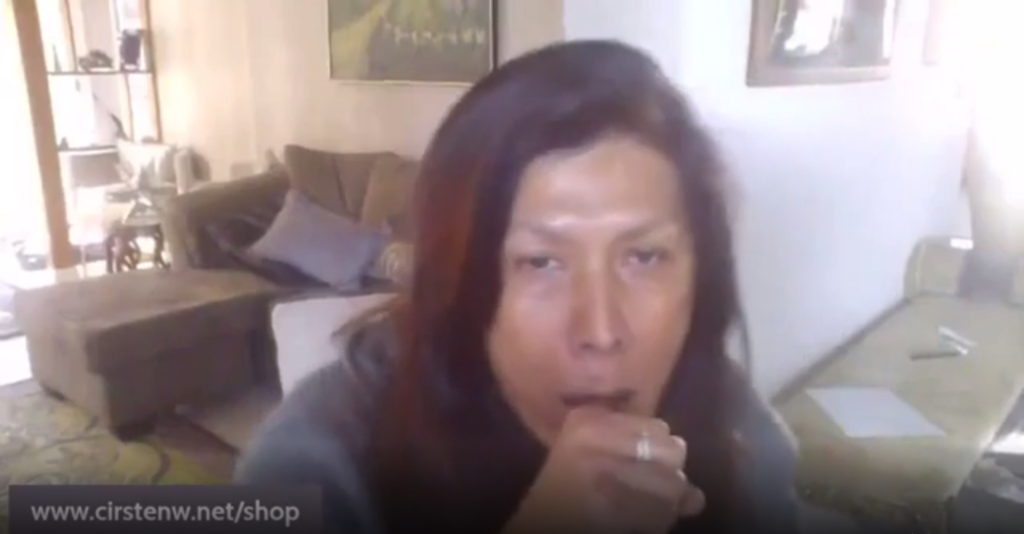 Screenshot from a video of Qtuber Cirsten Tien Soong Weldon on 28 December 2021, before she succumbed to COVID-19. She is clearly ill and has a deep cough but still promotes anti-vaccine disinformation before discussing election conspiracy theories. At the end of the video, she mentions her “flu” and says she won’t be webcasting because she’s traveling. Video: Sorry Antivaxxer