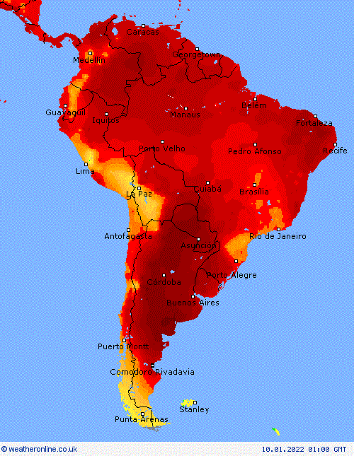 Temperature forecast for South America, 10 January 2022 - 23 January 2022. Temperatures in Argentina were expected to may soar above 40°C (104°F) in the provinces of Buenos Aires, Cordoba, Santa Fe, Entre Rios and Santiago del Estero. Graphic: WeatherOnline