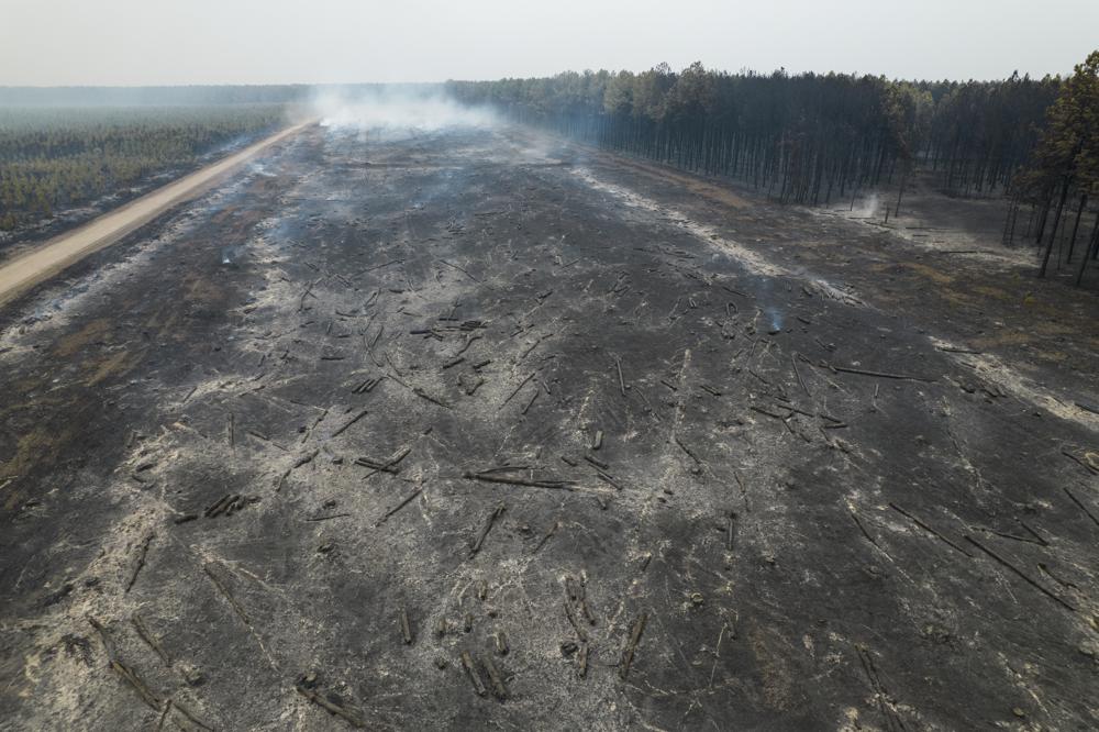 Aerial view of the remains of trees smoldering after a fire in Santa Tecla, Corrientes province, Argentina, on Sunday, 20 February 2022. Photo: Rodrigo Abd / AP Photo