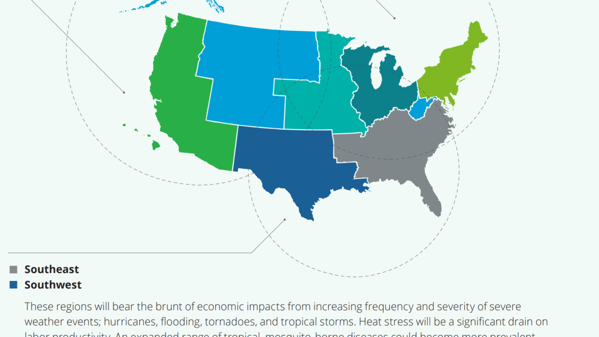 Estimated economic impacts of unmitigated climate change on seven geographical regions in the United States. Over the next 50 years, climate change-induced economic losses in the U.S. could total approximately $14.5 trillion in present-value terms. Graphic: Deloitte