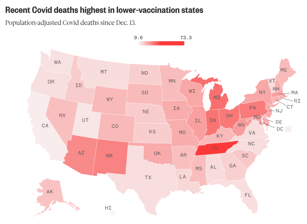 Map showing population-adjusted COVID-19 mortality in the U.S. since 13 December 2021. Four of the five states with the highest shares of population-adjusted deaths over the past month have fully vaccinated less than 60 percent of their populations. Graphic: NBC News