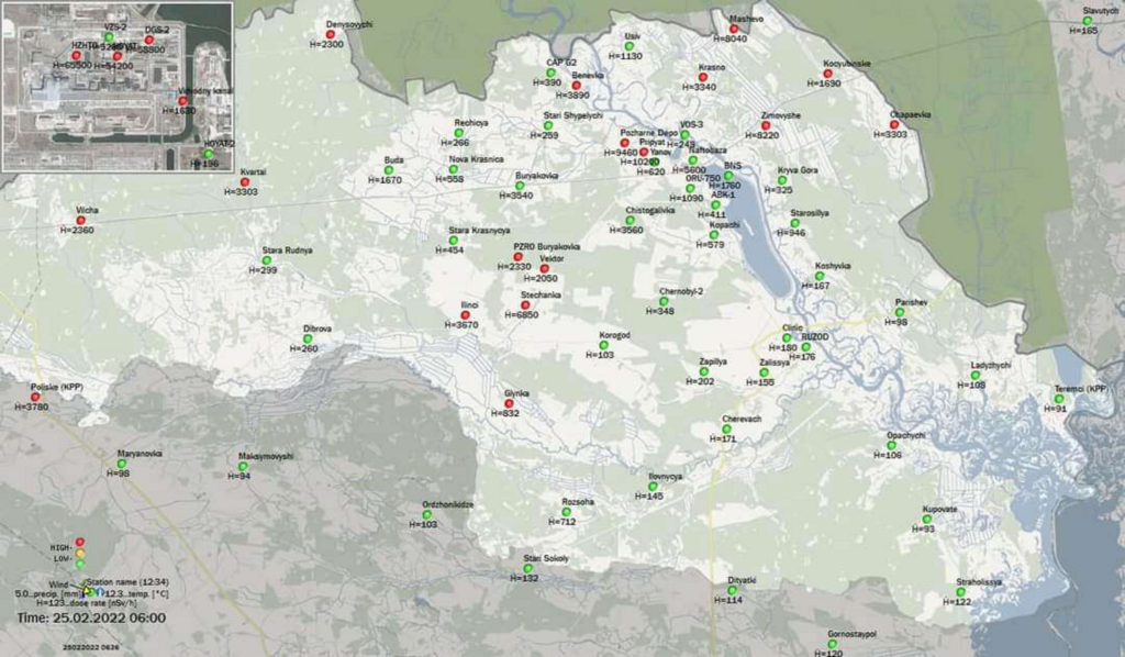 Map showing radiation levels in Ukraine on 25 February 2022, after the Russian military invasion. The inset graphic shows radiation at the Chernobyl nuclear power plant after Russian forces captured it. Graphic: Ukraine parliament