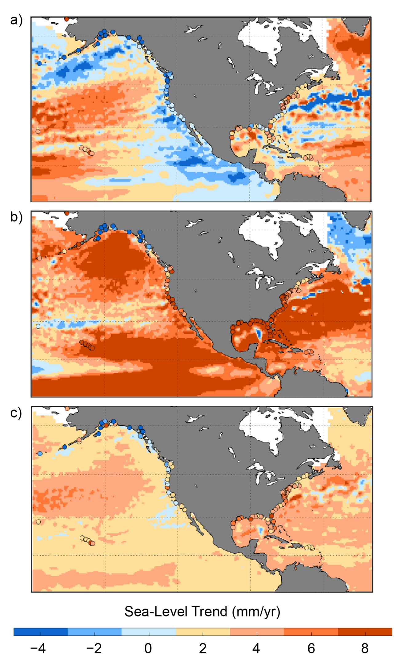 Maps showing regional sea level linear rates of rise (mm/year) from satellite altimetry over three different time periods: (a) 1993–2006, (b) 2007–2020, and (c) 1993–2020. Linear rates of change of relative sea level (ocean and land height changes) from tide gauges over the same time period are also shown (circles). Graphic: Sweet, et al., 2022 / NOAA