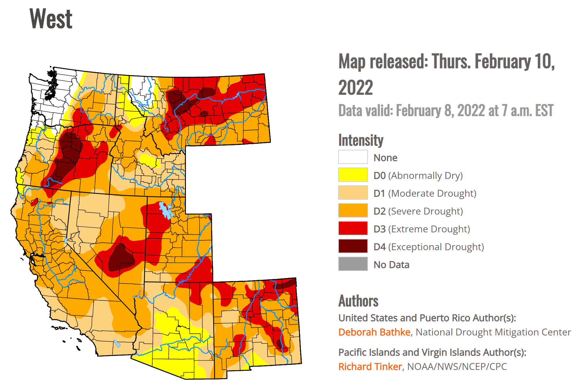 U.S. Drought Monitor map of the U.S. West, 10 February 2022. In February 2022, 95 percent of the Western U.S. was experiencing drought conditions. In summer 2021, according to the U.S. Bureau of Reclamation, two of the largest reservoirs in North America — Lake Mead and Lake Powell, both on the Colorado River — reached their lowest recorded levels. Graphic: Deborah Bathke / Richard Tinker NOAA / NWS / NCEP / CPC