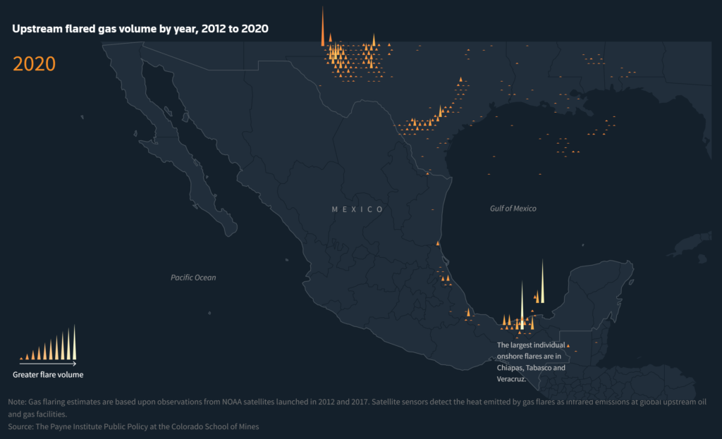 Volume of upstream flared gas in Mexico, Texas, and the Gulf of Mexico in 2020. Data: The Payne Institute Public Policy at the Colorado School of Mines. Graphic: Reuters