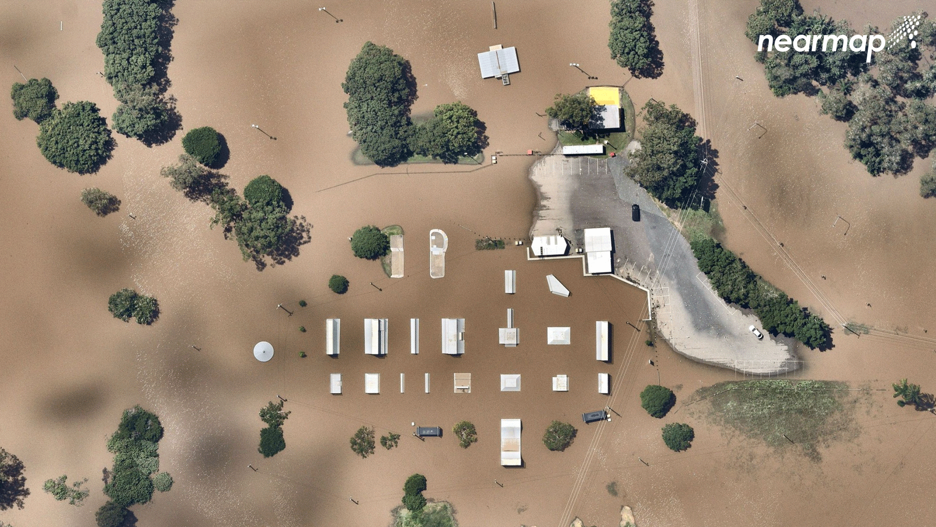 Aerial view of the town of Beenleigh, Queensland on 29 February 2022 compared with 2 March 2022 (after flooding). The images were captured by the Nearmap proprietary aerial camera system attached to planes. Photo: Nearmap / The Washington Post