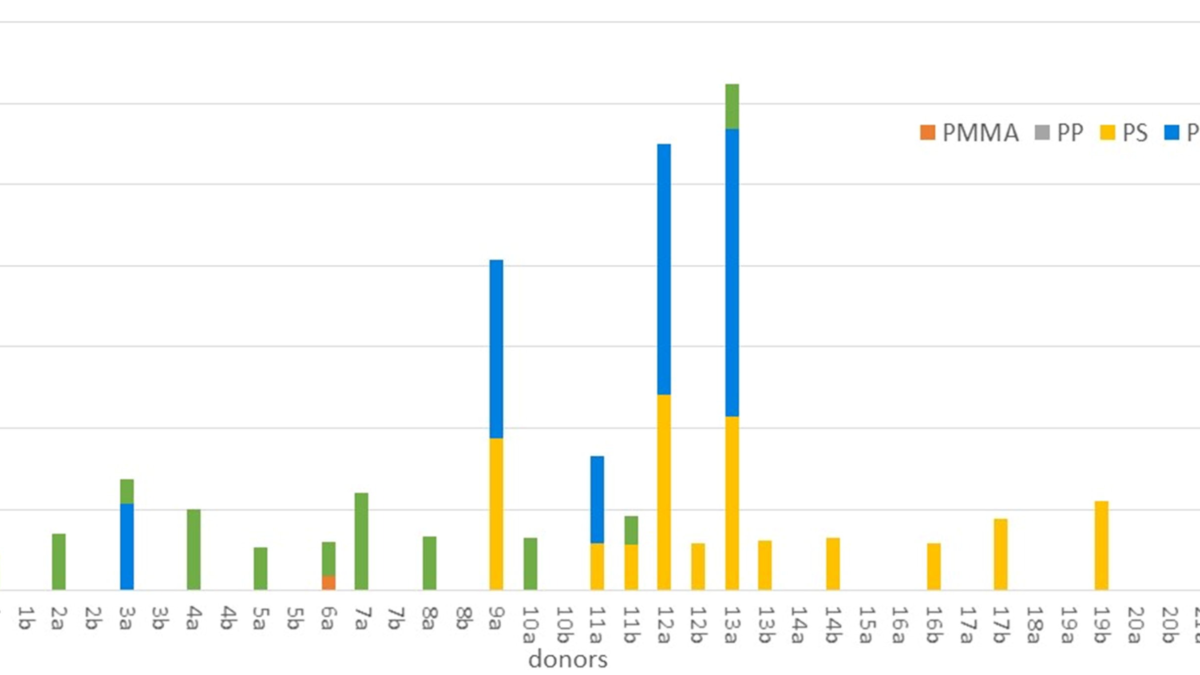 Concentrations of plastic particles by polymer type in whole blood samples of 22 donors (duplicates a and b, except for No. 6, 9, 15 and 18). All values are greater than the limit of quantification (LOQ). Graphic: Leslie, et al., 2022 / Environment International