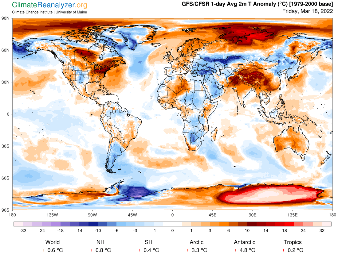 Global map showing GFS/CFSR average 2m temperature anomaly, 18 March 2022. Extraordinary temperatures anomalies in Antarctica lead to historic records on 18 March 2022, including: Vostok at 3489m altitude with -17.7C, monthly record exceeded by 15C; Concordia at 3234m altitude with -12.2C, the highest temp ever recorded at 40C above average; Terra Nova Base at 74S with +7.0C. Graphic: ClimateReanalyzer.org