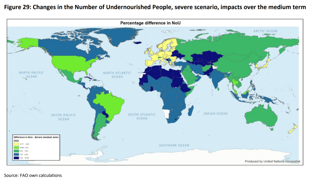 Map showing projected global changes in the number of undernourished people under the severe scenario over the medium term, March 2022. Graphic: FAO