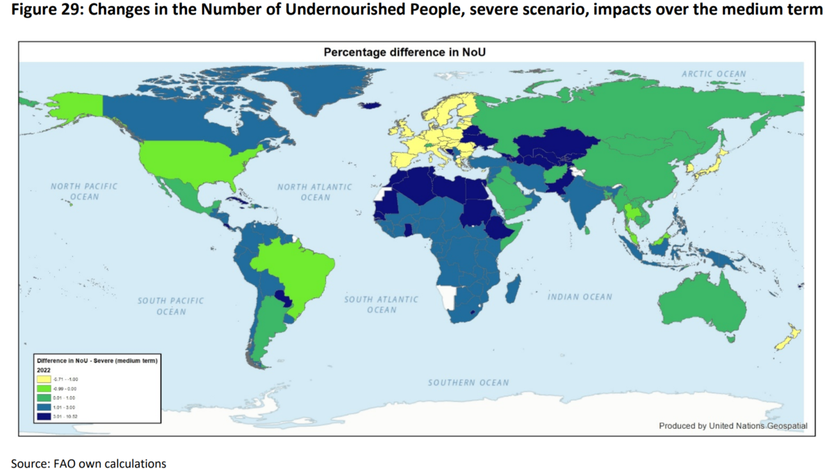 Map showing projected global changes in the number of undernourished people under the severe scenario over the medium term, March 2022. Graphic: FAO