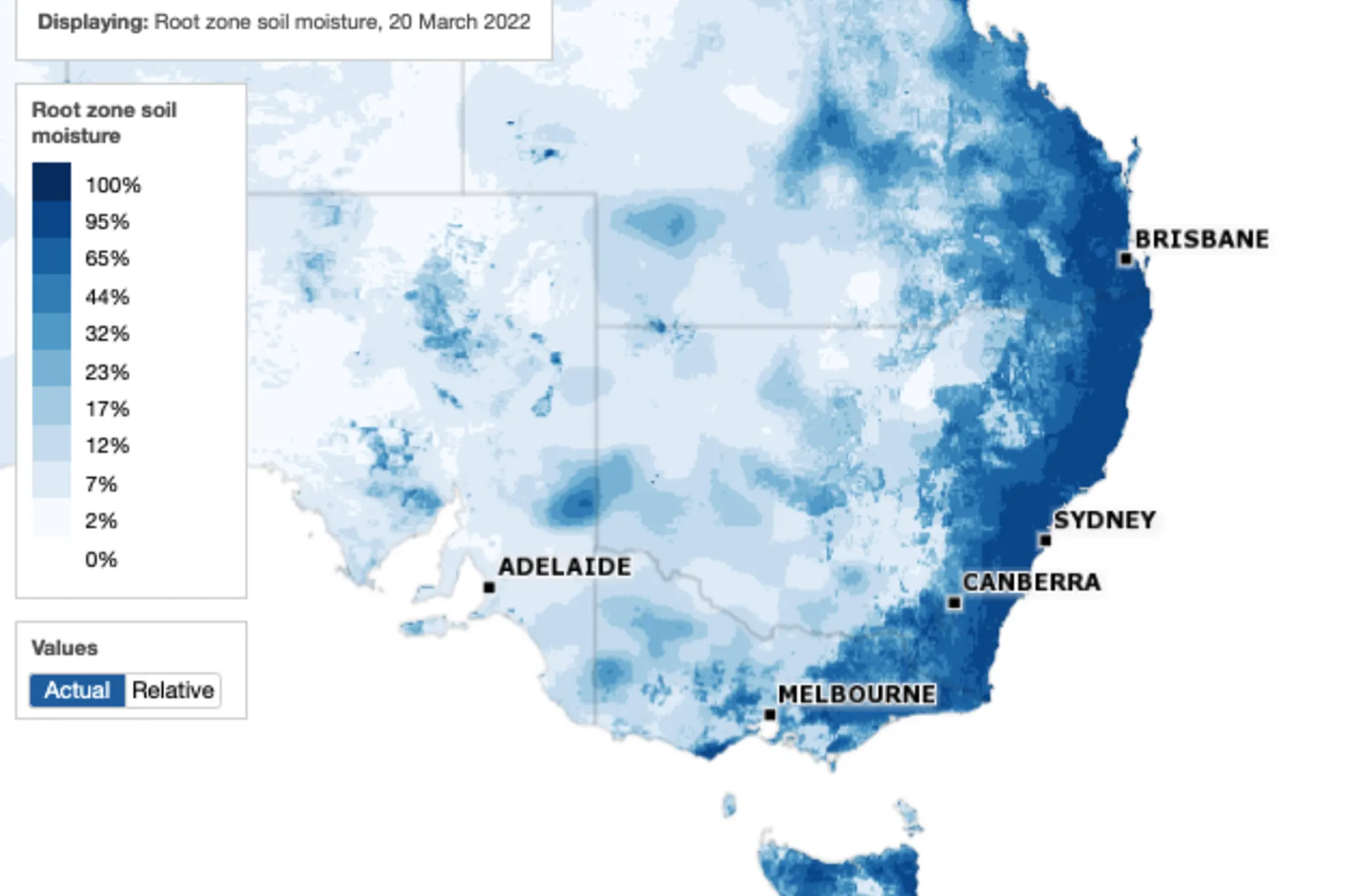 Root zone soil moisture on the east coast of Australia, 20 March 2022. The root zone is defined as the top 1 meter of the soil profile. Graphic: Bureau of Meteorology / Weatherzone