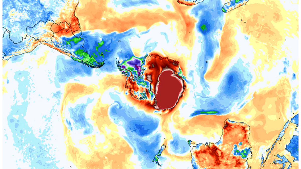 Simulation of 2m temperature anomaly centered over Antarctica on 18 March 2022. Parts of eastern Antarctica saw temperatures hover 70 degrees Fahrenheit (40 Celsius) above normal for more than three days. On 18 March 2022, the surface temperature in Vostok leaped to 0°F (-17.7 Celsius), the warmest it’s been there during March since record keeping began 65 years ago. It broke the previous monthly record by a staggering 27 degrees Fahrenheit (15 Celsius). Graphic: WeatherBell