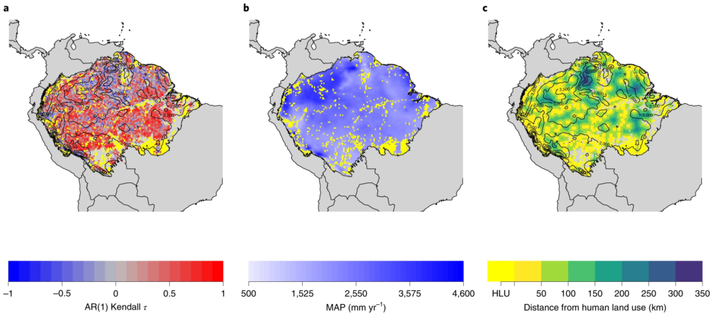 Comparison of Vegetation Optical Depth (VOD) AR(1) Kendall τ values, MAP and distance from human land use in the Amazon basin. (a) VOD AR(1) Kendall τ values (as in Fig. 2a). (b) MAP from the CHIRPS dataset from 1991 to 2016. (c) Distance from human land use (HLU) (Methods). In a–c, MAP contours are shown, along with HLU grid cells (yellow). Supplementary Fig. 10 shows the distance from HLU or Brazilian roads for the grid cells in Brazil only. Graphic: Boulton, et al., 2022 / Nature Climate Change