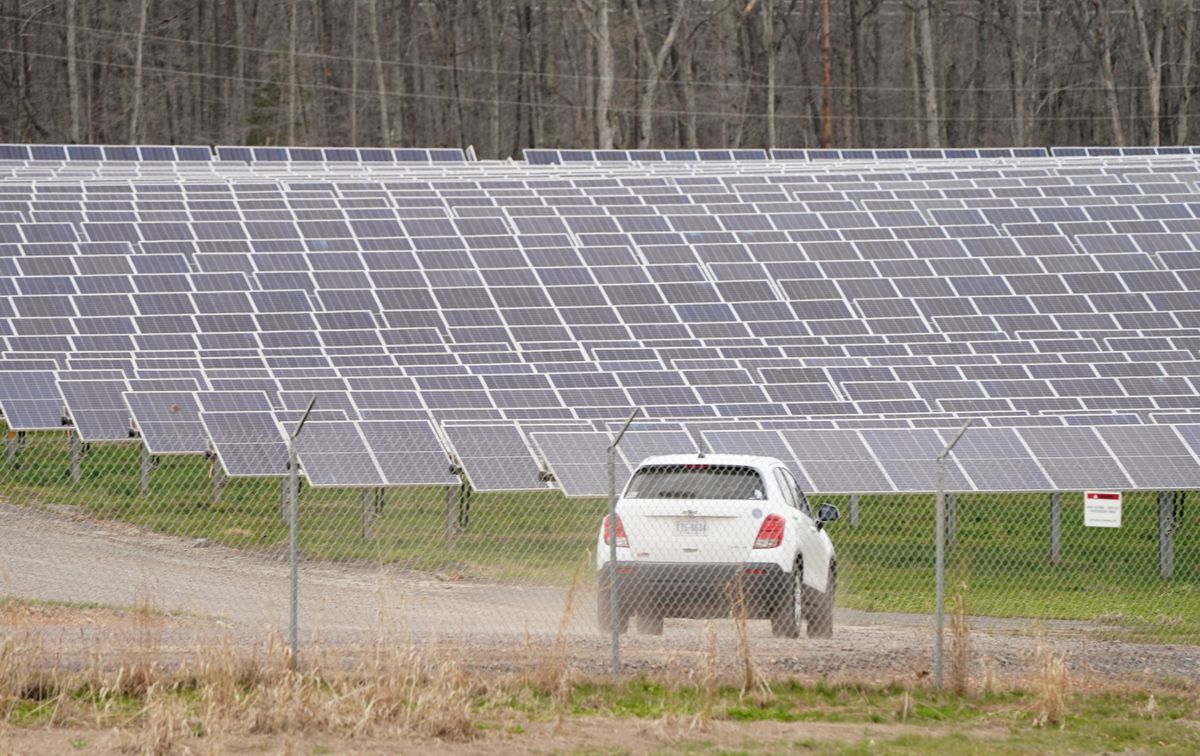 A car drives along a dirt road in the Spotsylvania Solar Energy Center, the largest solar project east of the Rockies, in Locust Grove, Virginia, U.S. 4 April 2022. Photo: Kevin Lamarque / REUTERS