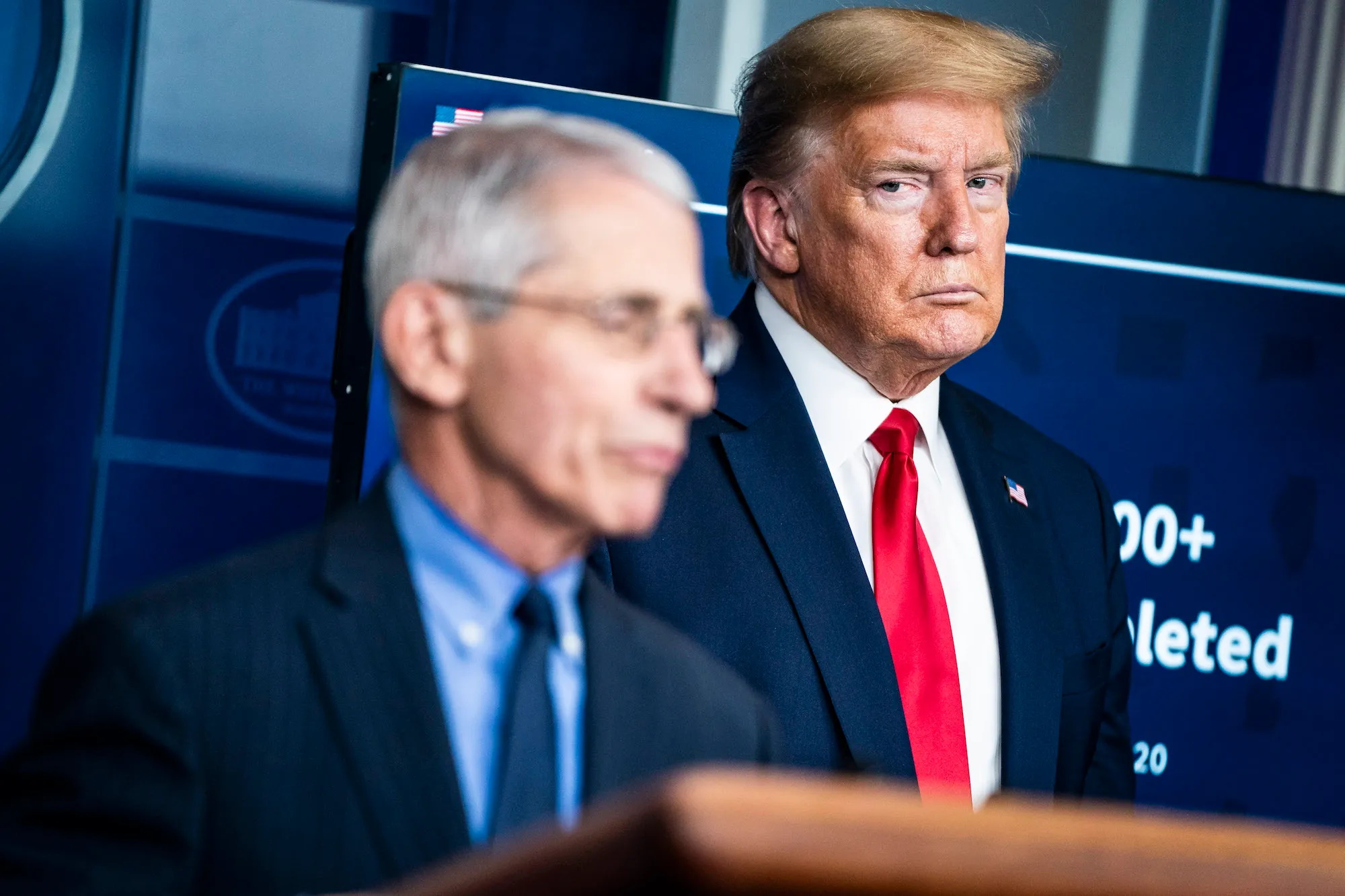 Donald Trump glares at Dr. Anthony Fauci during a coronavirus press conference in April 2020. Photo: Jabin Botsford / The Washington Post / Getty Images