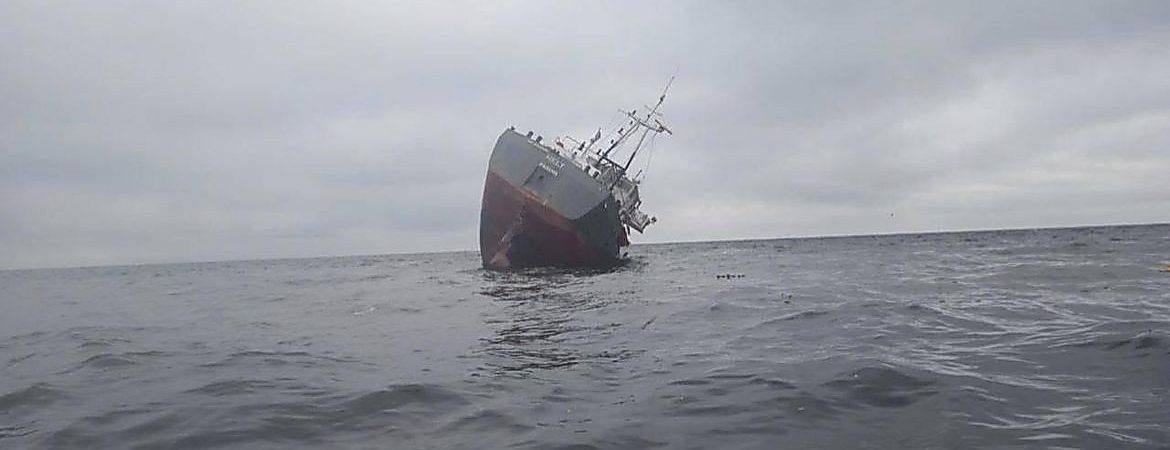 Estonian cargo vessel the Helt sinks off Odessa, Ukraine, 3 March 2022. Reports claimed the Helt was captured by Russian forces on 2 March 2022 and scuttled. Photo: Andrii Klymenko