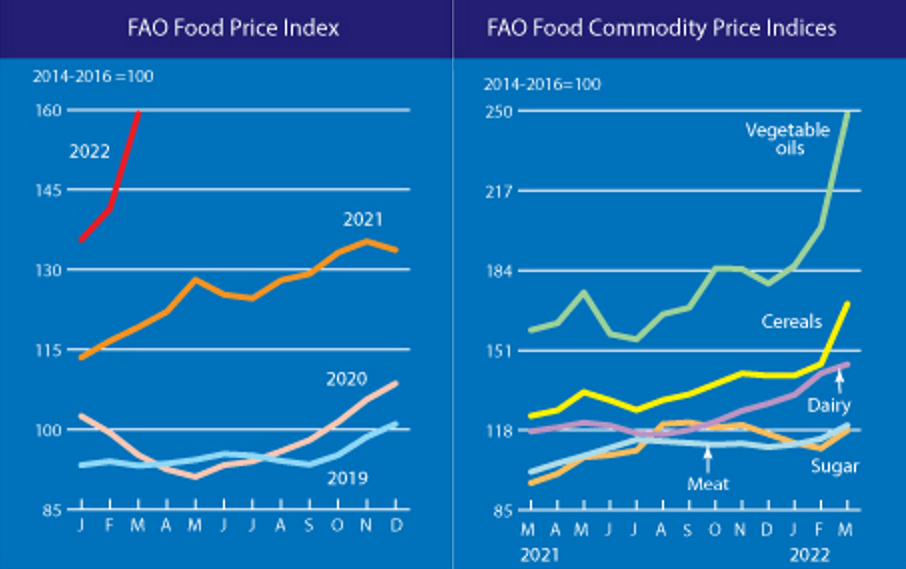 FAO Food Price Index (left) and FAO Food Commodity Price Indices (right), January 2021 - March 2022. Graphic: FAO