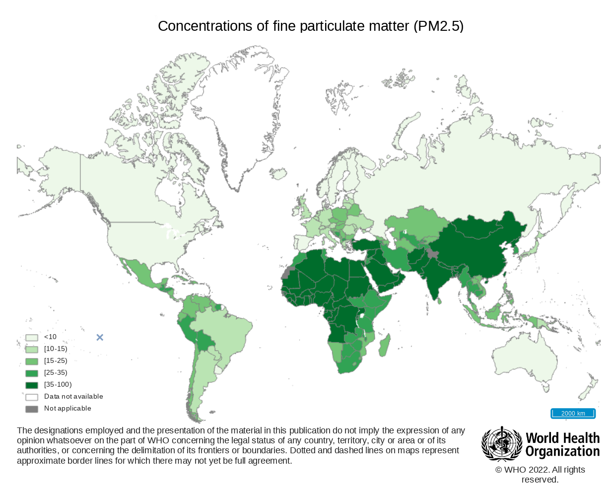 Global map showing annual mean levels of PM2.5 fine particulate matter (population weighted) in 2016. Graphic: WHO