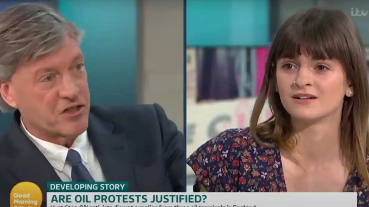 ITV Host Richard Madeley and student activist Miranda Whelehan on “Good Morning Britain” on Monday, 11 April 2022. Whelehan was there on behalf of “Just Stop Oil”, an activist group that has been engaging in direct action by blockading oil terminals and demanding that the UK government ends all new oil licenses, exploration, and consent in the North Sea. Madeley, the host, criticized the group by saying, “But you’d accept, wouldn’t you, that it’s a very complicated discussion to be had, it’s a very complicated thing. And this ‘Just Stop Oil’ slogan is very playground-ish isn’t it? It’s very Vicky Pollard, quite childish.” Observers were quick to point out the parallels with the film “Don’t Look Up”. Photo: ITV