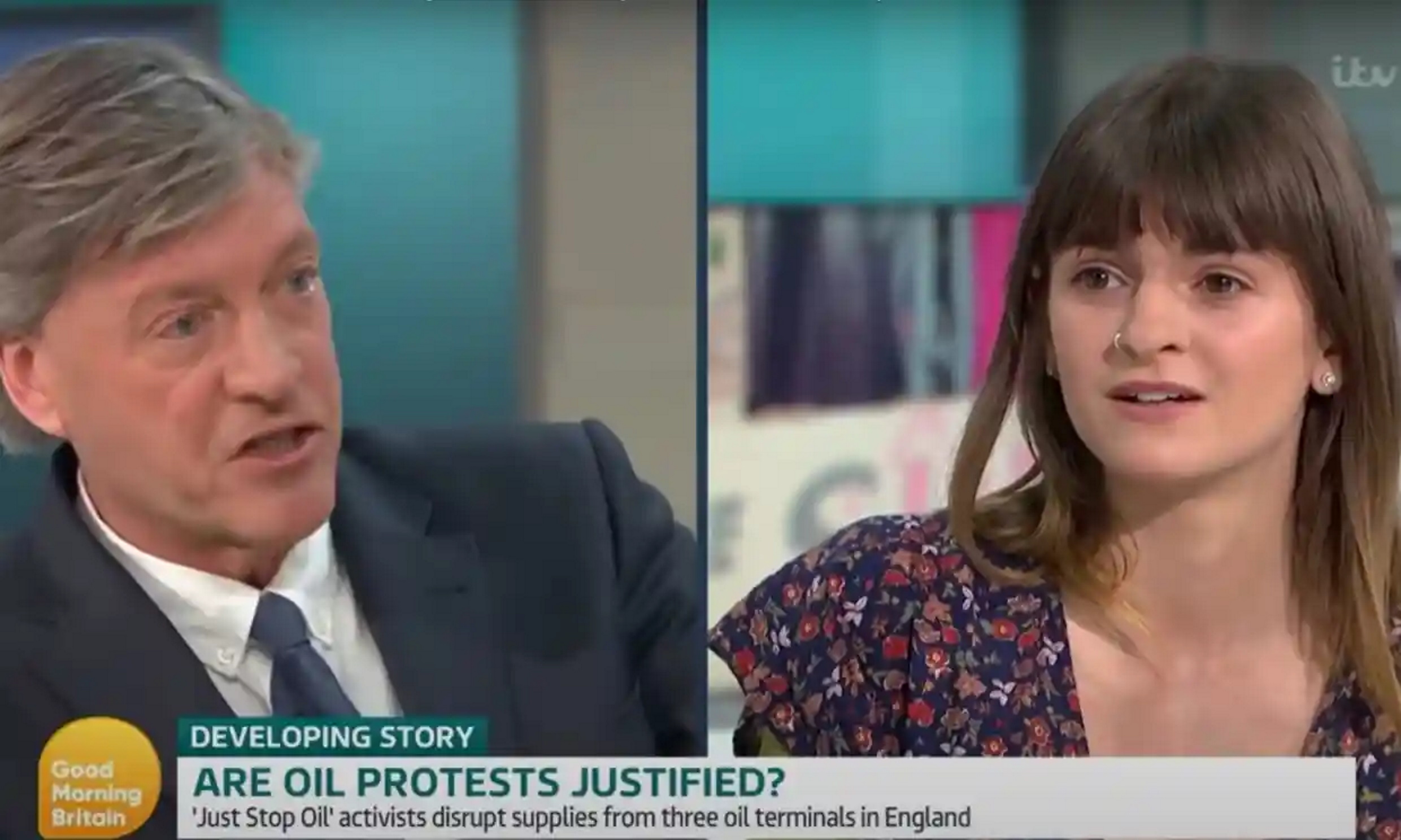 ITV Host Richard Madeley and student activist Miranda Whelehan on “Good Morning Britain” on Monday, 11 April 2022. Whelehan was there on behalf of “Just Stop Oil”, an activist group that has been engaging in direct action by blockading oil terminals and demanding that the UK government ends all new oil licenses, exploration, and consent in the North Sea. Madeley, the host, criticized the group by saying, “But you’d accept, wouldn’t you, that it’s a very complicated discussion to be had, it’s a very complicated thing. And this ‘Just Stop Oil’ slogan is very playground-ish isn’t it? It’s very Vicky Pollard, quite childish.” Observers were quick to point out the parallels with the film “Don’t Look Up”. Photo: ITV