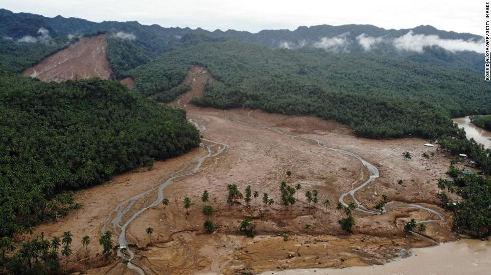 Aerial view of a landslide caused by tropical storm Megi, which hit the village of Kantagnos in Baybay town, Leyte province, Philippines, on 13 April 2022. Photo: Bobbie Alota / AFP / Getty Images
