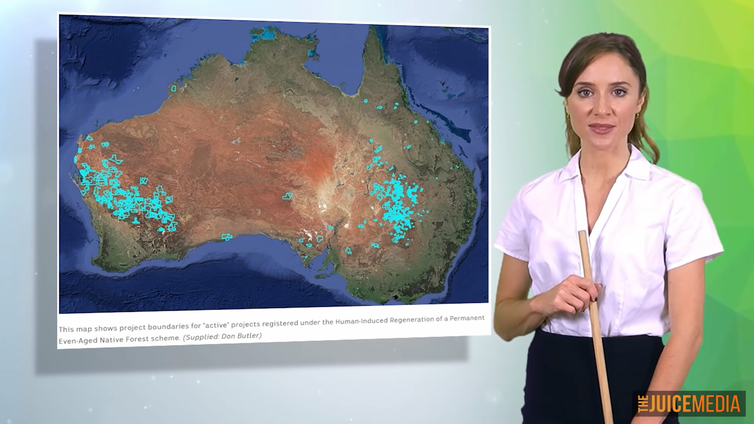 Screenshot from “Honest Government Ad: Carbon Credits and Offsets”, showing forest sites for Australia Carbon Credit Units (ACCUs) in the fucking desert, where forests can never grow. Photo: The Juice Media