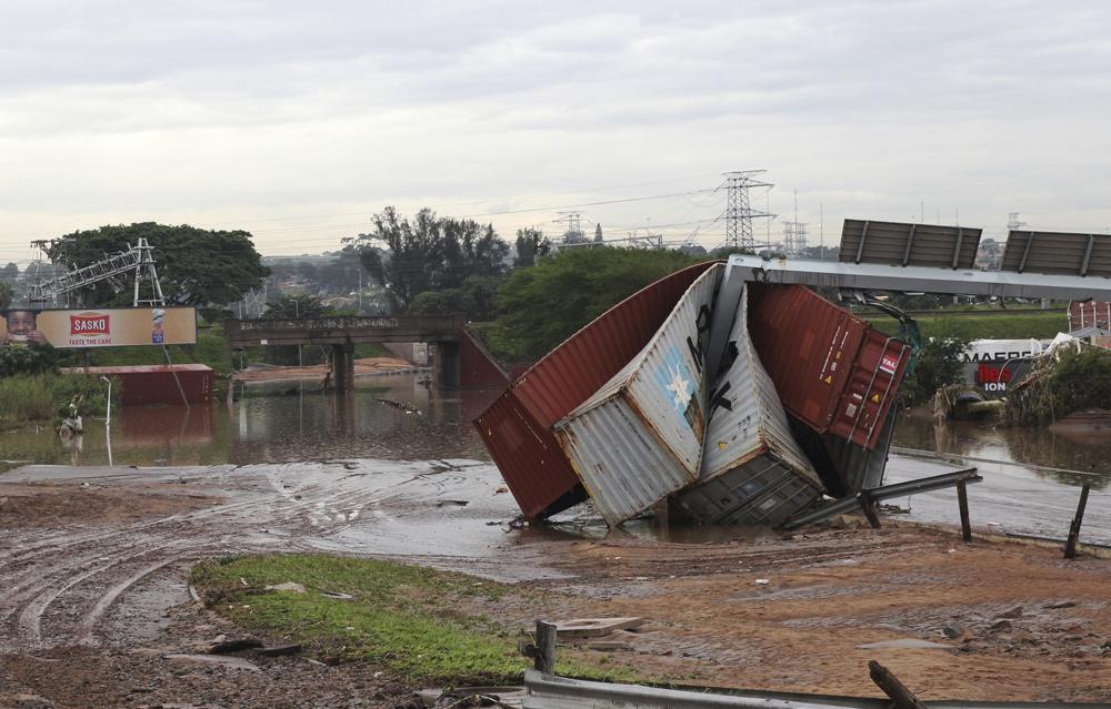 Shipping containers carried away and crushed by record floods in Durban, South Africa, Wednesday, 13 April 2022. Flooding in South Africa’s Durban area took at least 443 lives and is a “catastrophe of enormous proportions”, President Cyril Ramaphosa said Wednesday. Photo: AP Photo