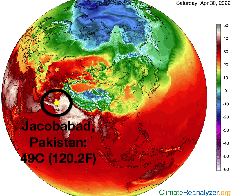 2m surface temperature over Asia on 30 April 2022. Pakistan temperatures soared up to a scorching 49C (120.2F), one of the hottest temperatures ever recorded on Earth in April. Graphic: Climate Reanalyzer