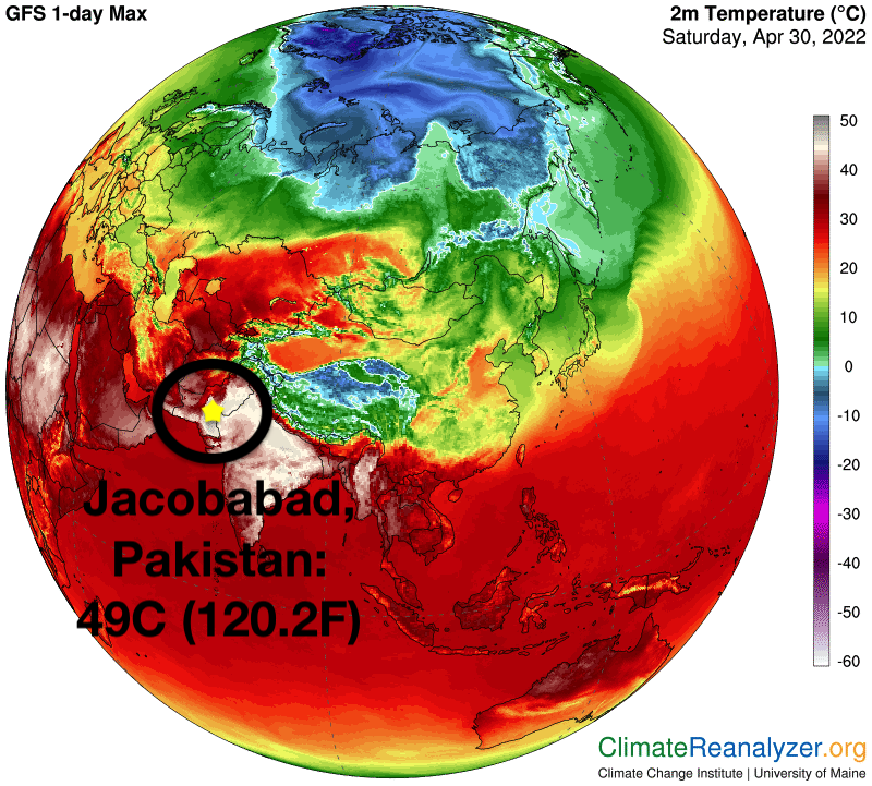 2m surface temperature over Asia on 30 April 2022. Pakistan temperatures soared up to a scorching 49C (120.2F), one of the hottest temperatures ever recorded on Earth in April. Graphic: Climate Reanalyzer